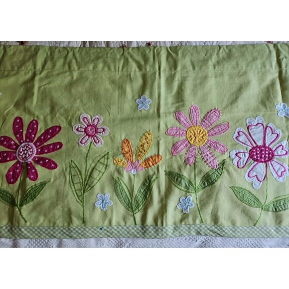 2 Pottery Barn Kids Green Gingham Daisy Garden Valances Embroidered Whimsical - Picture 2 of 7